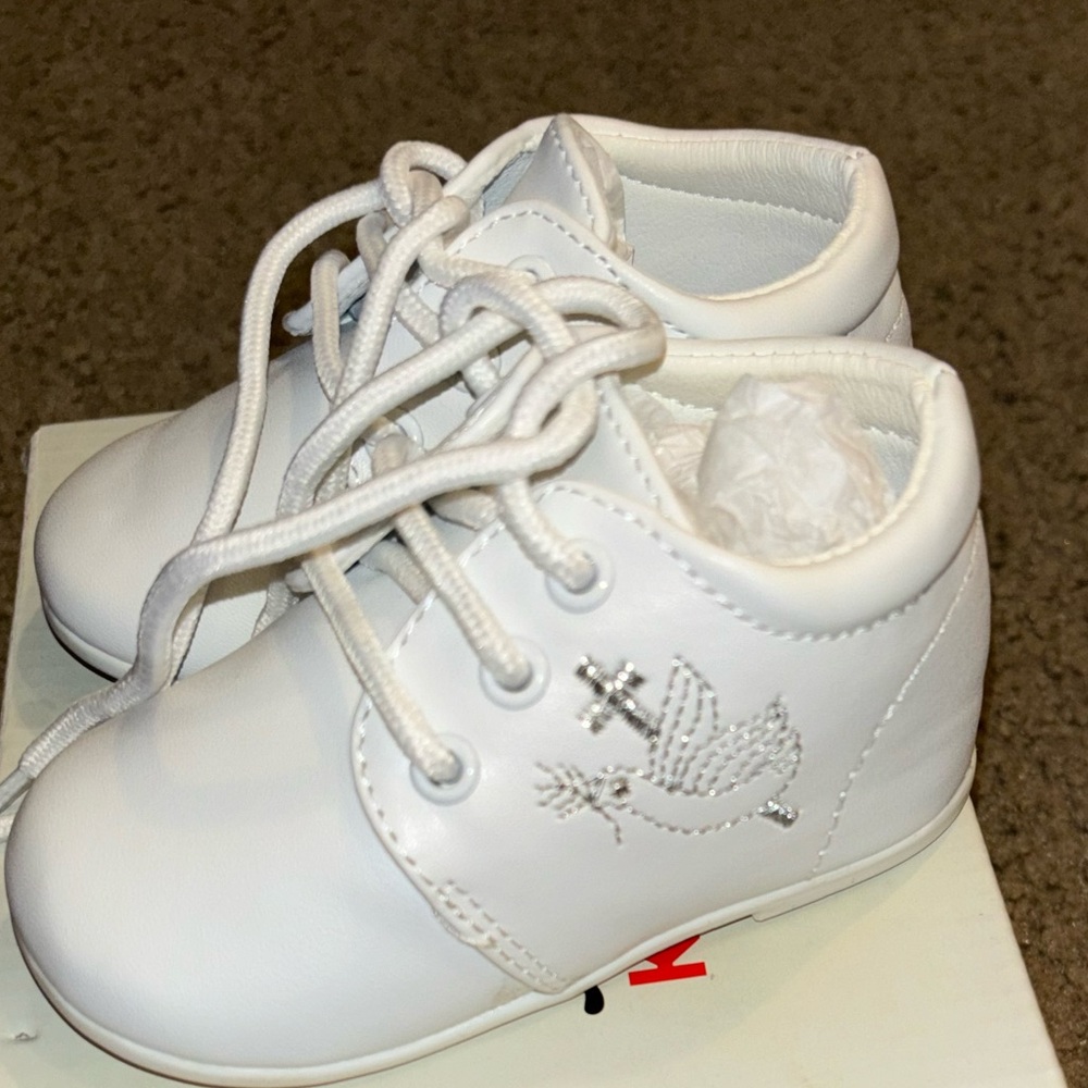 Brand new with box baby all white Christening shoes size 3.